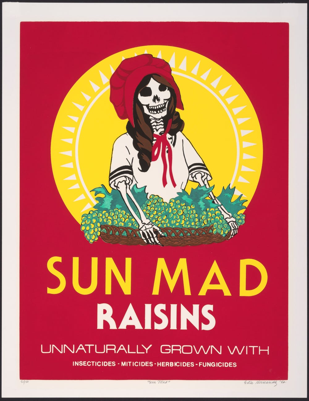 red raisin box with a skeleton holding a basket of green grapes