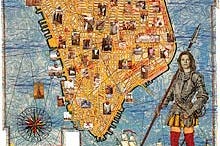 Woman in armor in front of a map with various markers and ships with white sails