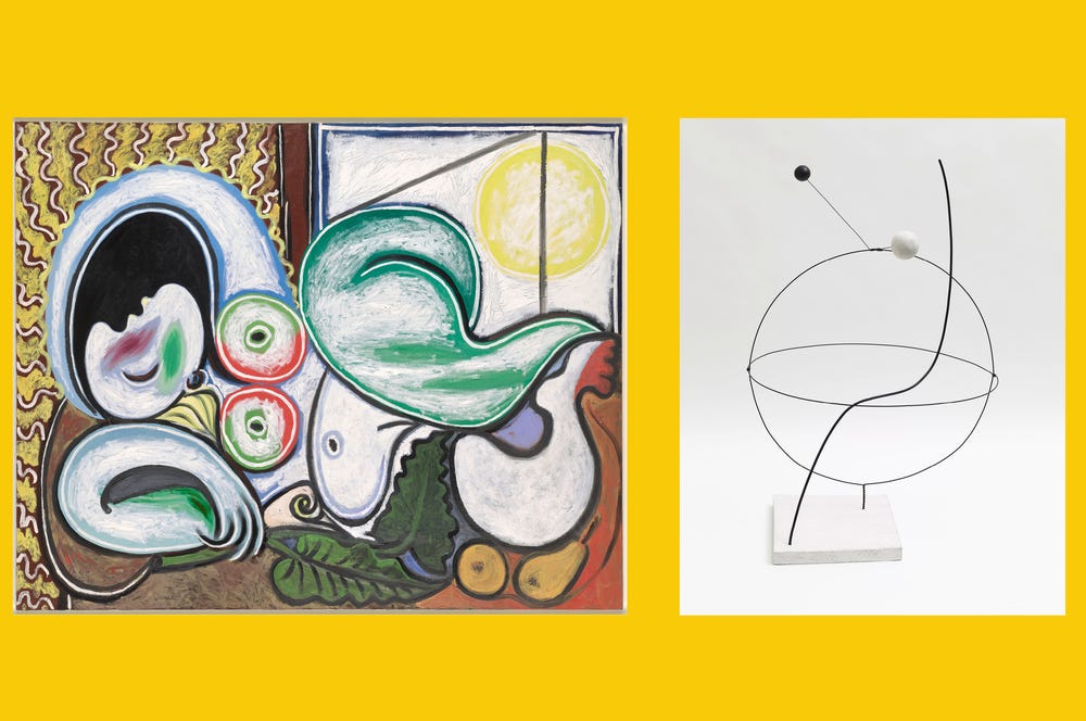 (left) abstract portrait of a reclining nude woman (right) wire sculpture shaped like a globe
