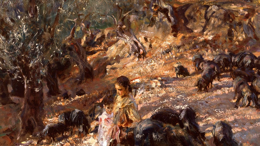 Painting of two people in foreground with animals grazing around them