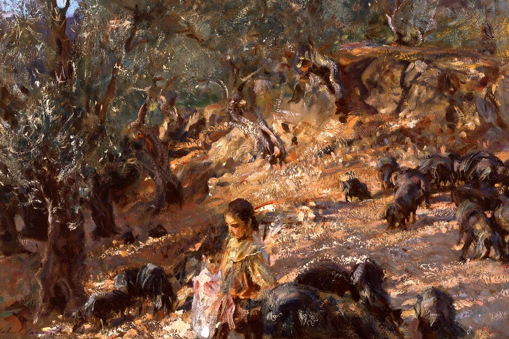 Painting of two people in foreground with animals grazing around them