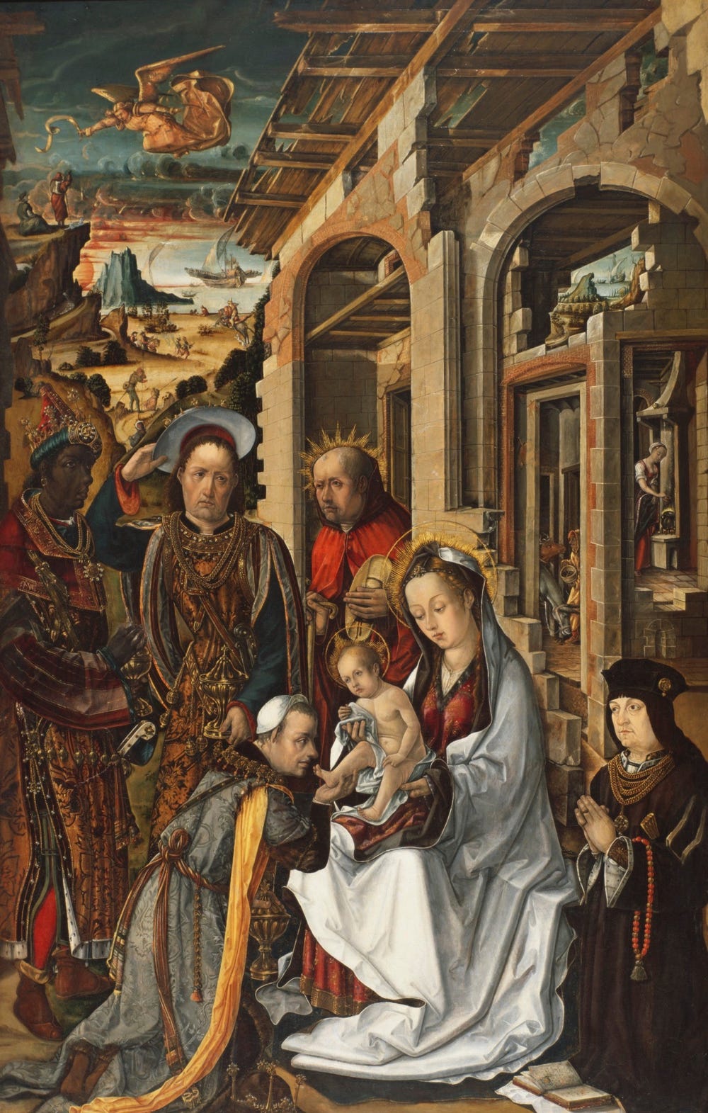 Mary holding baby Jesus, being adored by the magi
