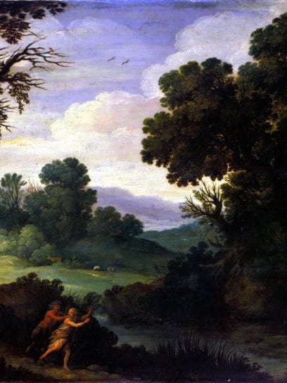 Landscape with trees in foreground and blue sky in background