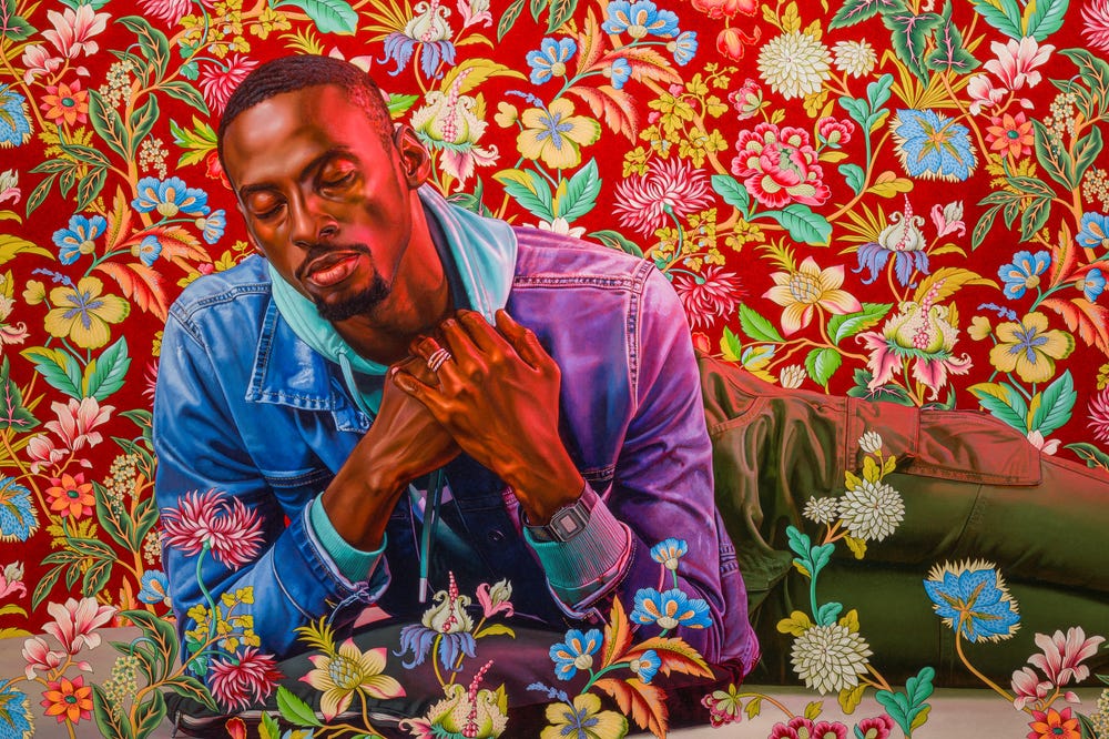 Painting by Kehinde Wiley of a man holding his hands to chest