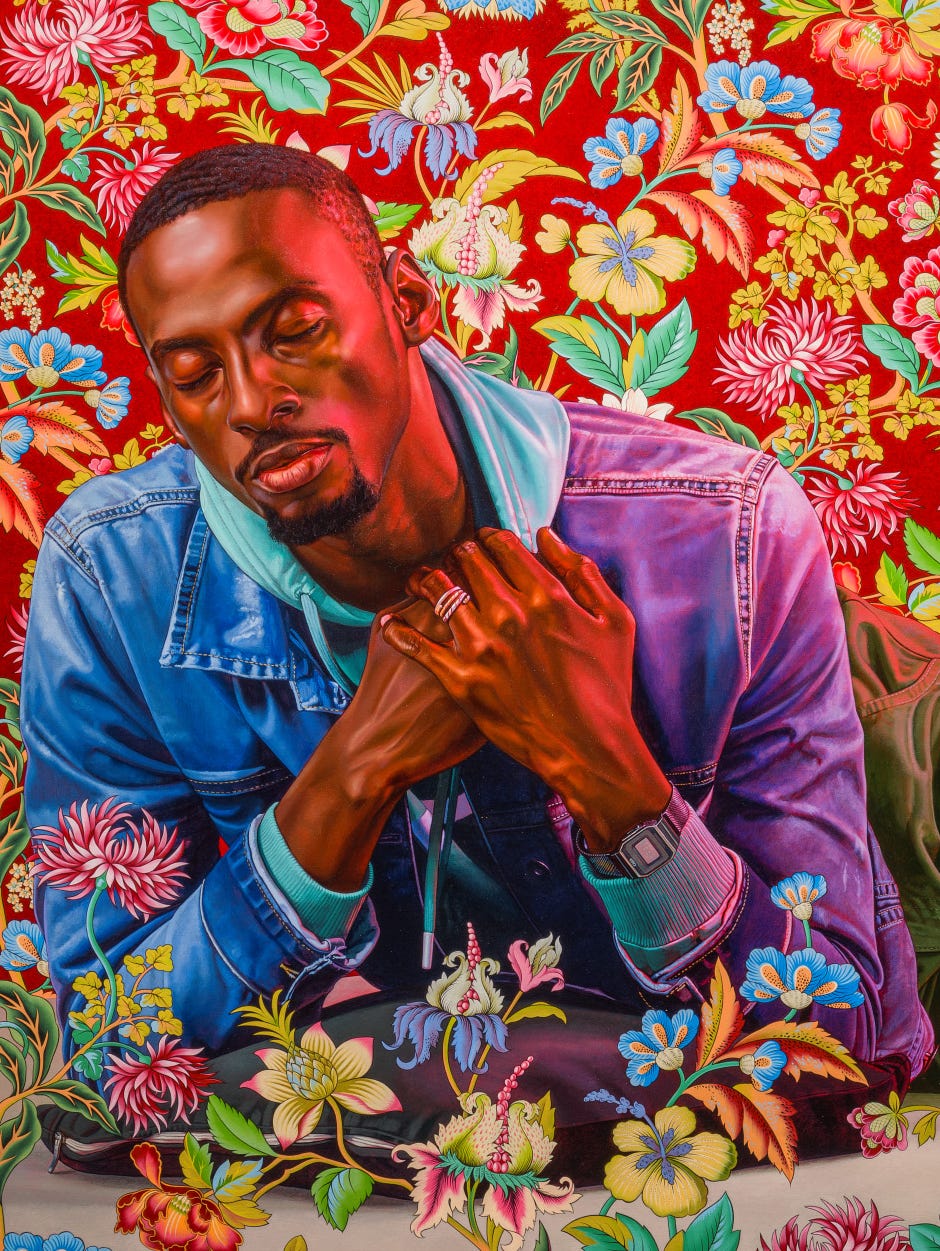 Painting by Kehinde Wiley of a man holding his hands to chest