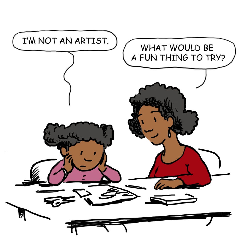 Drawing of child making art with parent