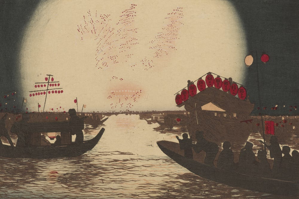 Fireworks set off above boats on water