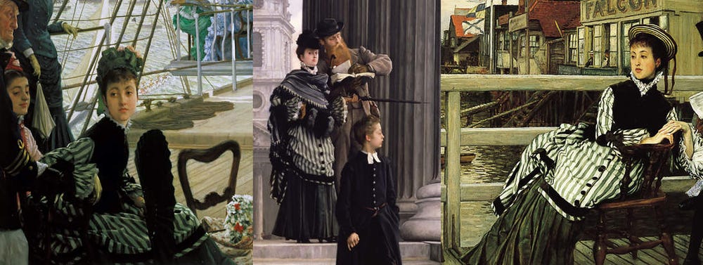 Three paintings by Tissot of women wearing the same white and black striped dress