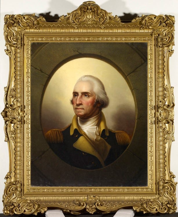 portrait of George Washington in an ornate frame painted in brass-powder paint