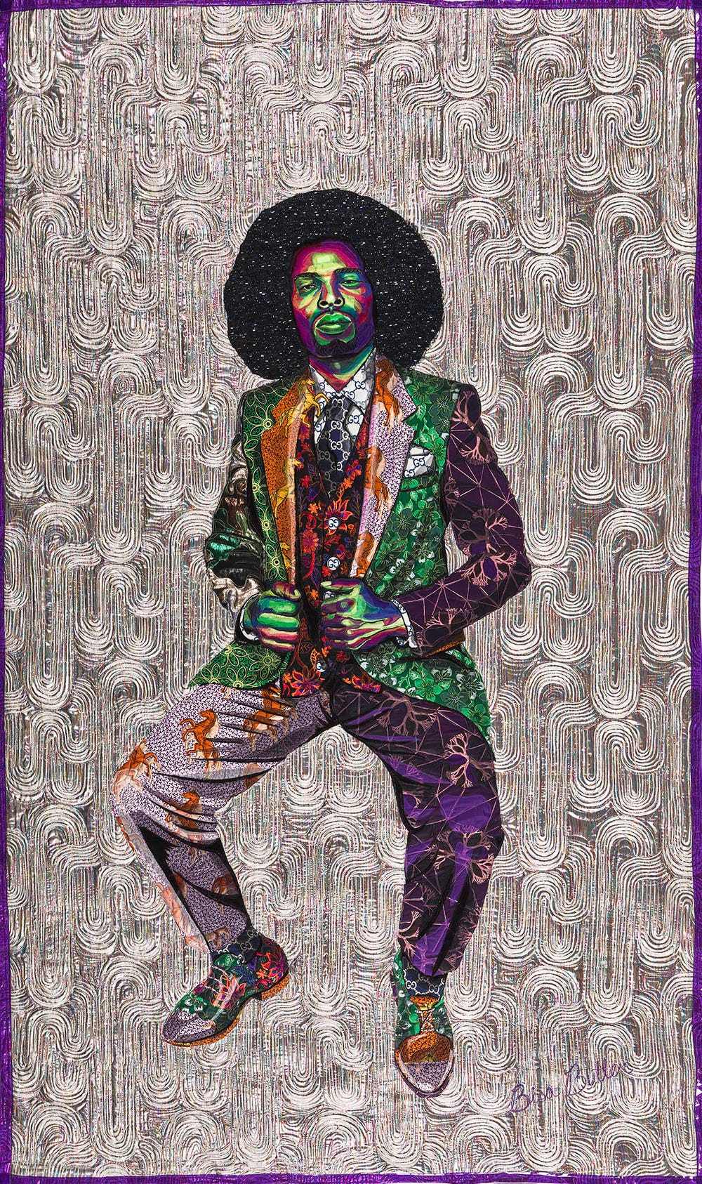 Textile art of a man with an afro in a suit by Bisa Butler