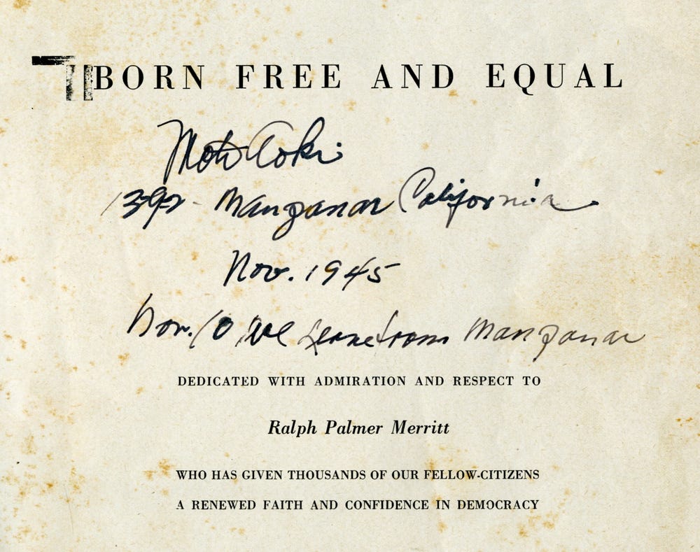 Page with text Born Free and Equal and signatures