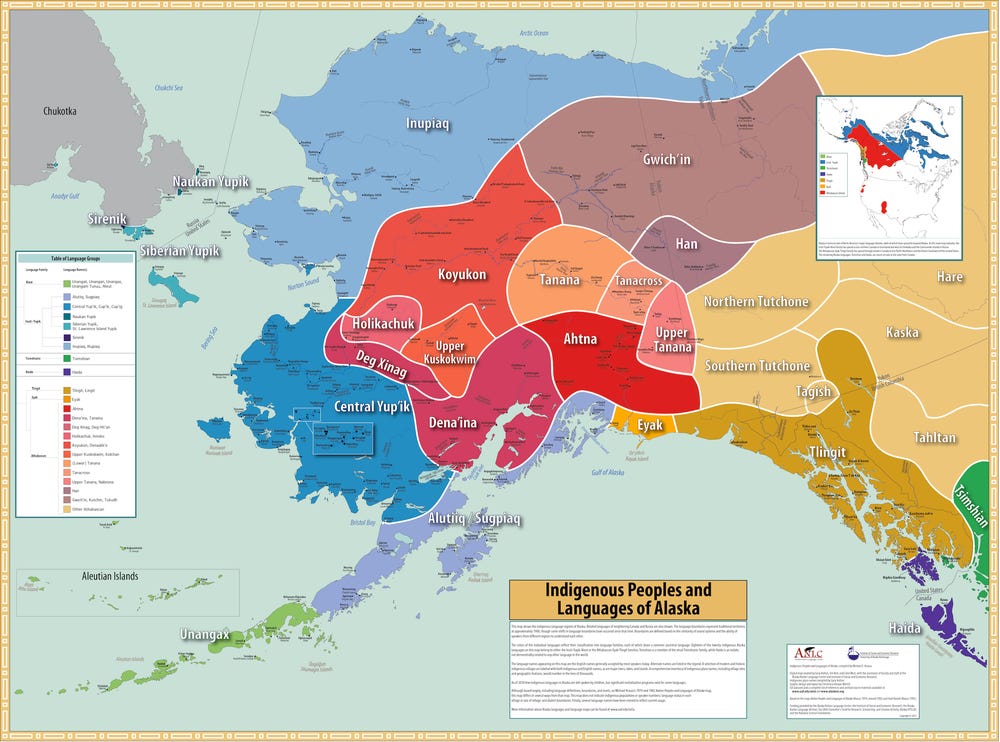 map showing the Indigenous language regions of Alaska
