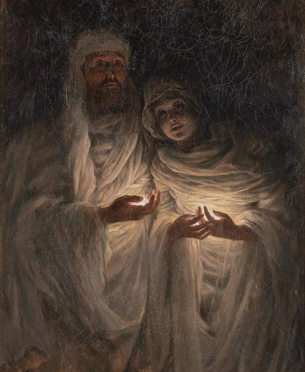 Two people in white robes with glowing light in their hands
