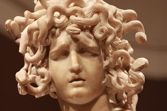 Bust of woman with snakes in hair.