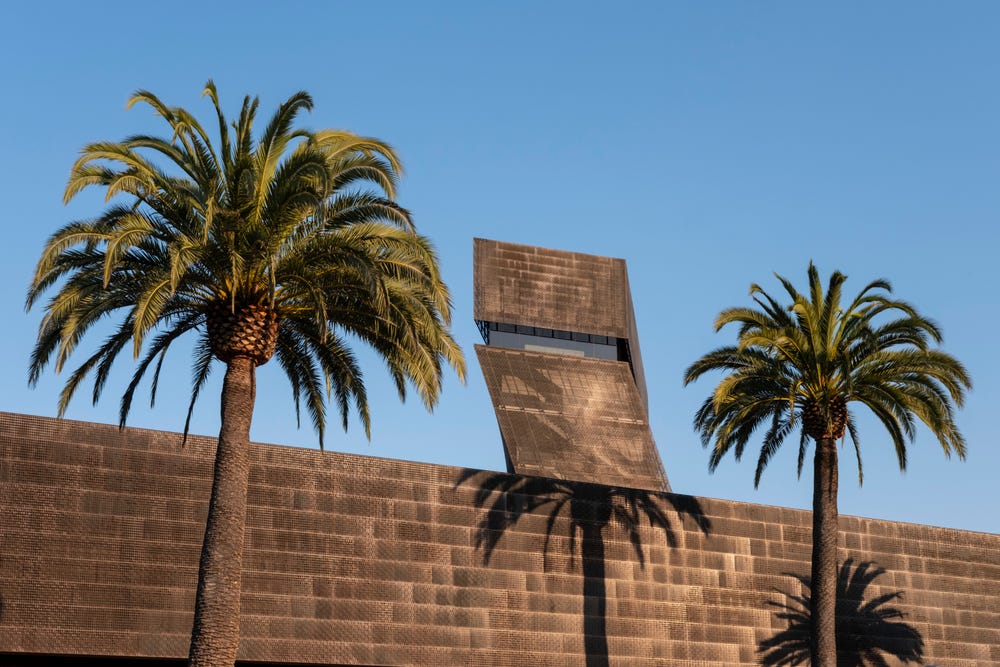 Photograph of exterior of de Young museum roof and tower.