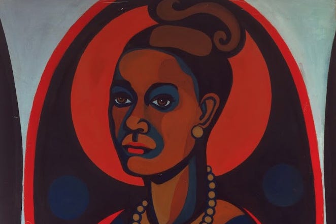 Faith Ringgold painting portrait of woman in front of red, black, and blue background