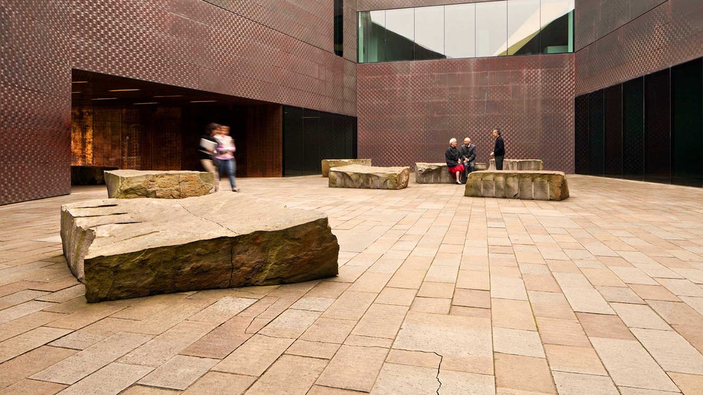 stone courtyard at de Young with Andy Goldsworthy artwork