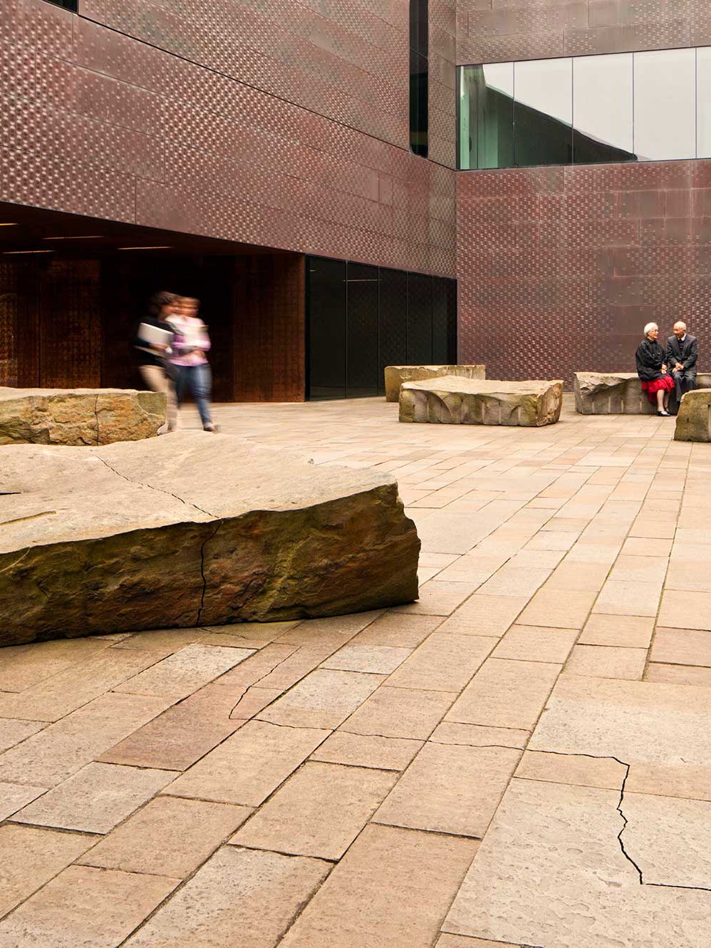 stone courtyard at de Young with Andy Goldsworthy artwork