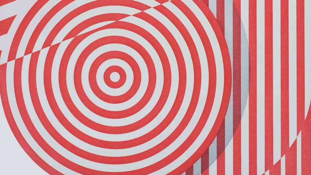 Red and white swirl and diagonal lines