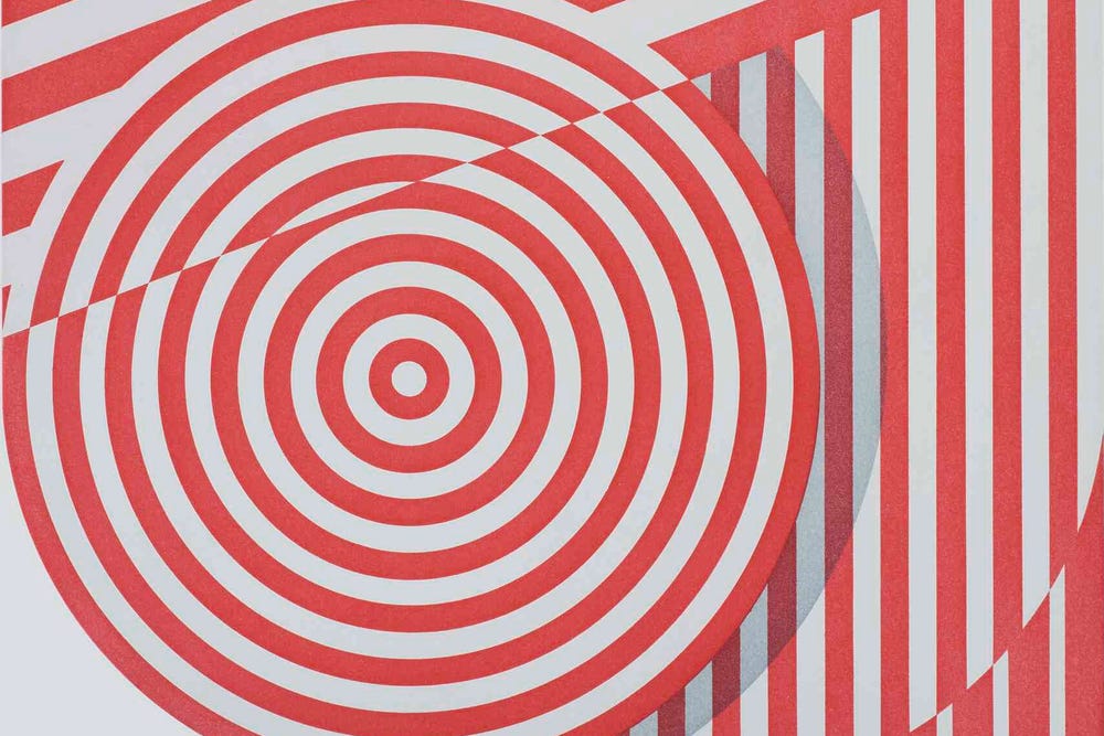 Red and white swirl and diagonal lines