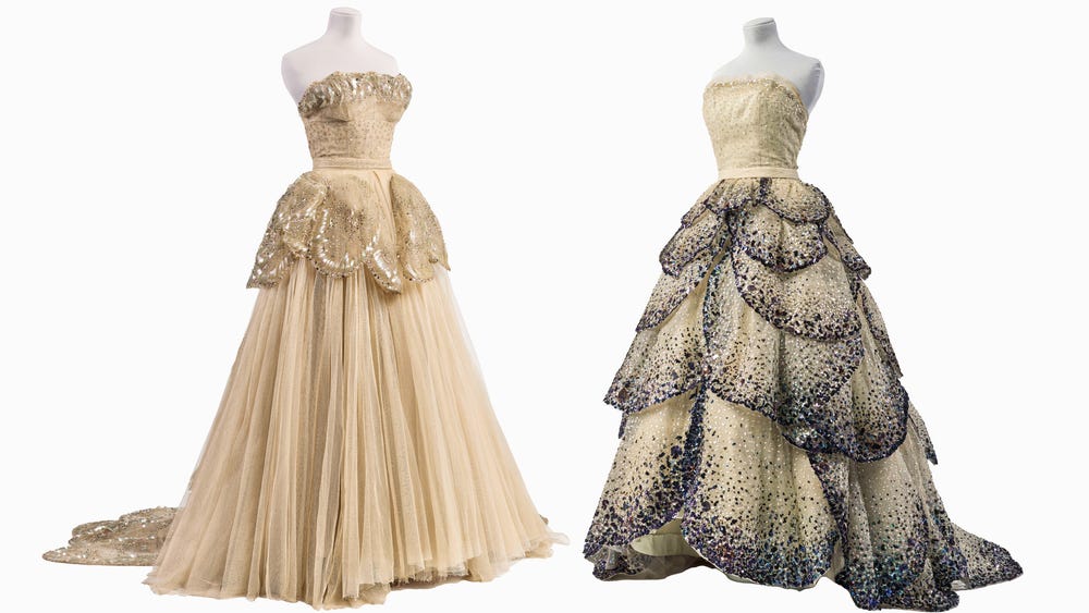 Two tulle dresses with sequins on mannequins