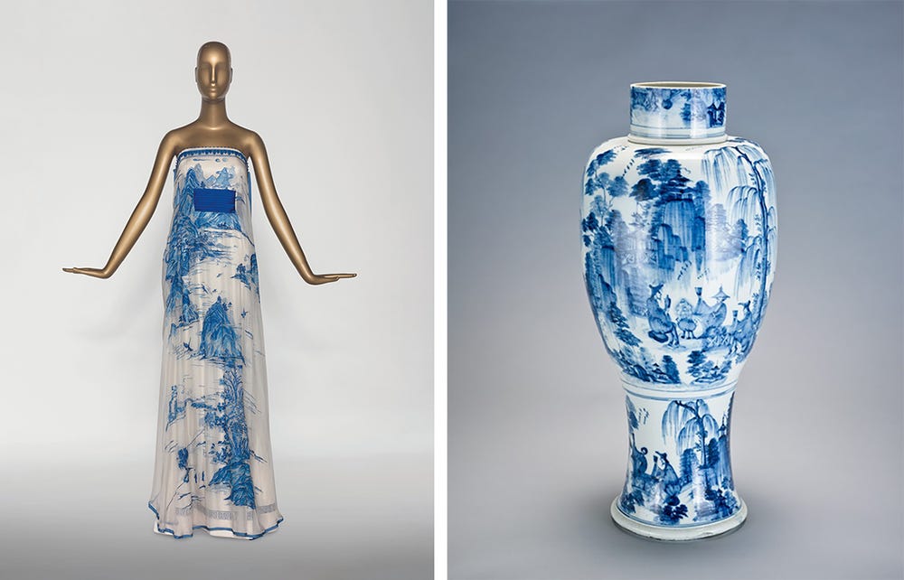 couture dress by Guo Pei and porcelain vase with blue glaze