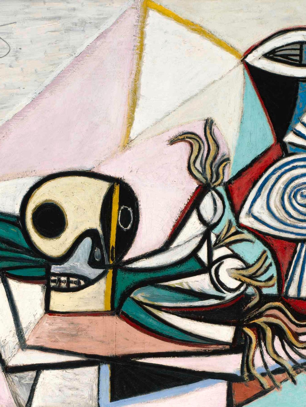 Abstract artwork by Picasso with skulls, leeks, and pitcher