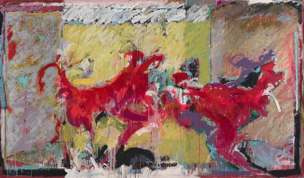 Mary Lovelace O’Neal's painting "Driskell’s Red Dogs, aka I Live in a Black Marble Palace with Black Panthers and White Doves #8" featuring two large red panthers