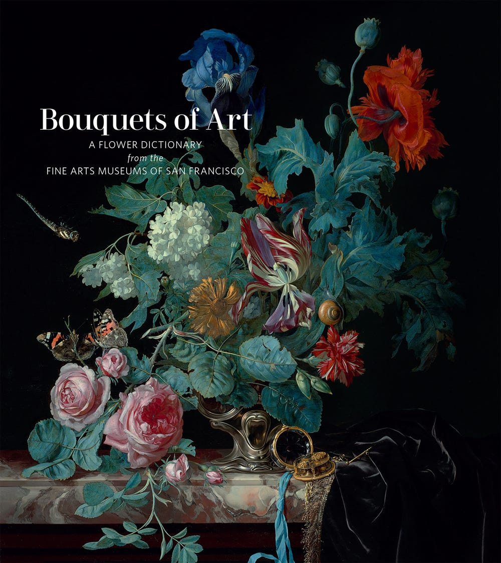 Book cover featuring green, red, and blue flowers with "Bouquets of Art" text