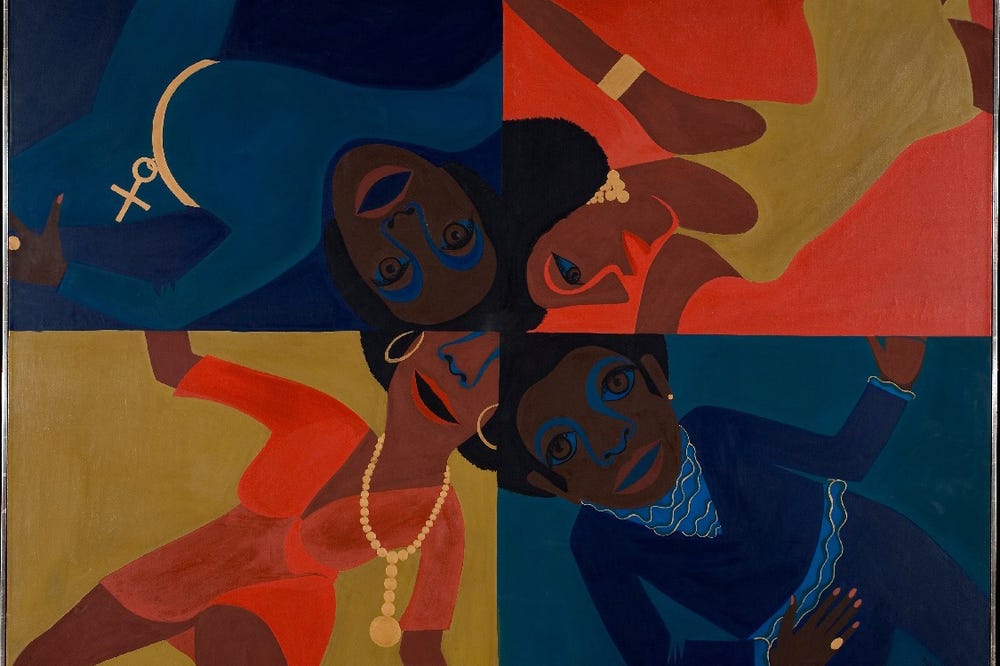 Faith Ringgold painting of four people in blue, gold and red rectangles