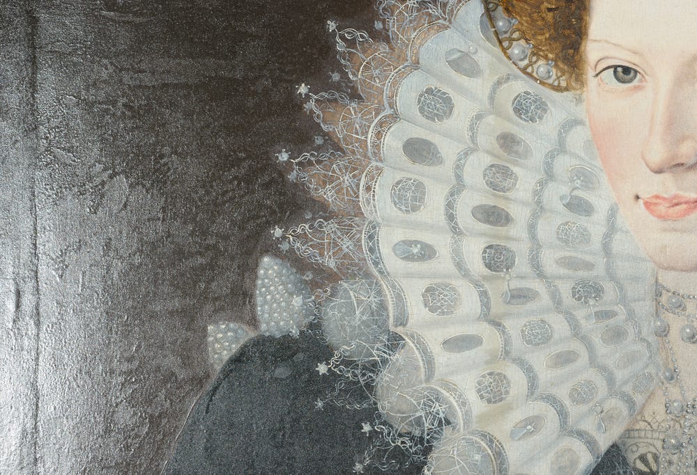 Detail of a portrait of a woman wearing a lace collar.