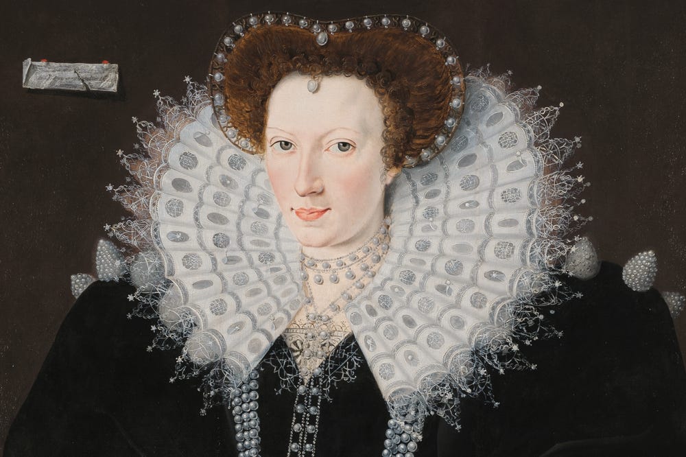 Portrait of a woman wearing black velvet, pearls, and elaborate lace.