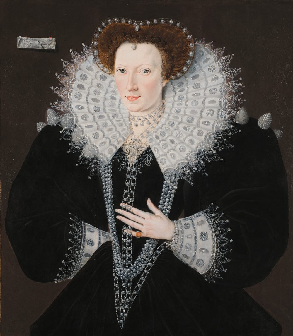 Portrait of a woman wearing black velvet, pearls, and elaborate lace.