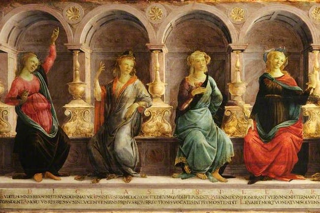Five figures in front of decorative columns