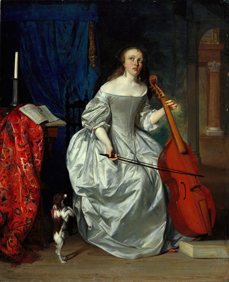 Woman wearing a fancy 17th century dress holding a violin