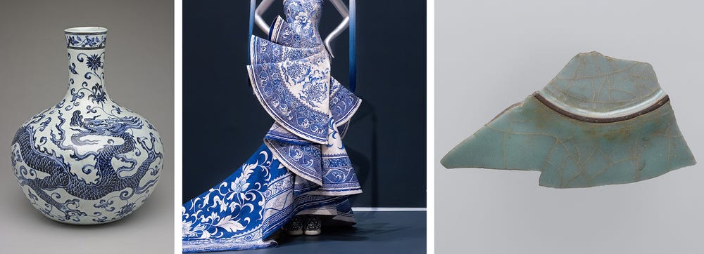 porcelain vase with cobalt glaze, couture dress by Guo Pei, shard