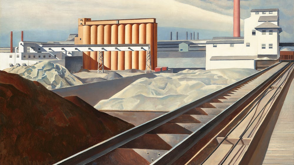 Painting of industrial site along railroad tracks.
