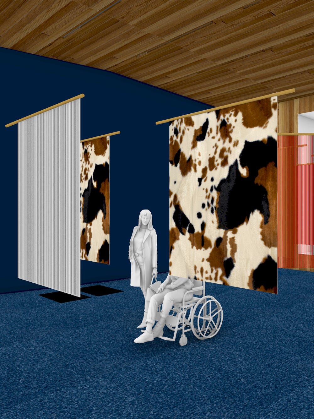 Rendering of Lhola Amira exhibition showing person in a wheelchair in space