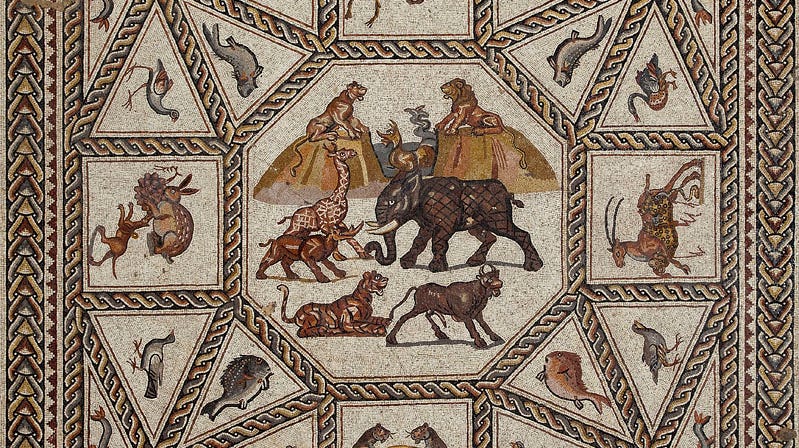 Mosaic featuring a variety of animals.