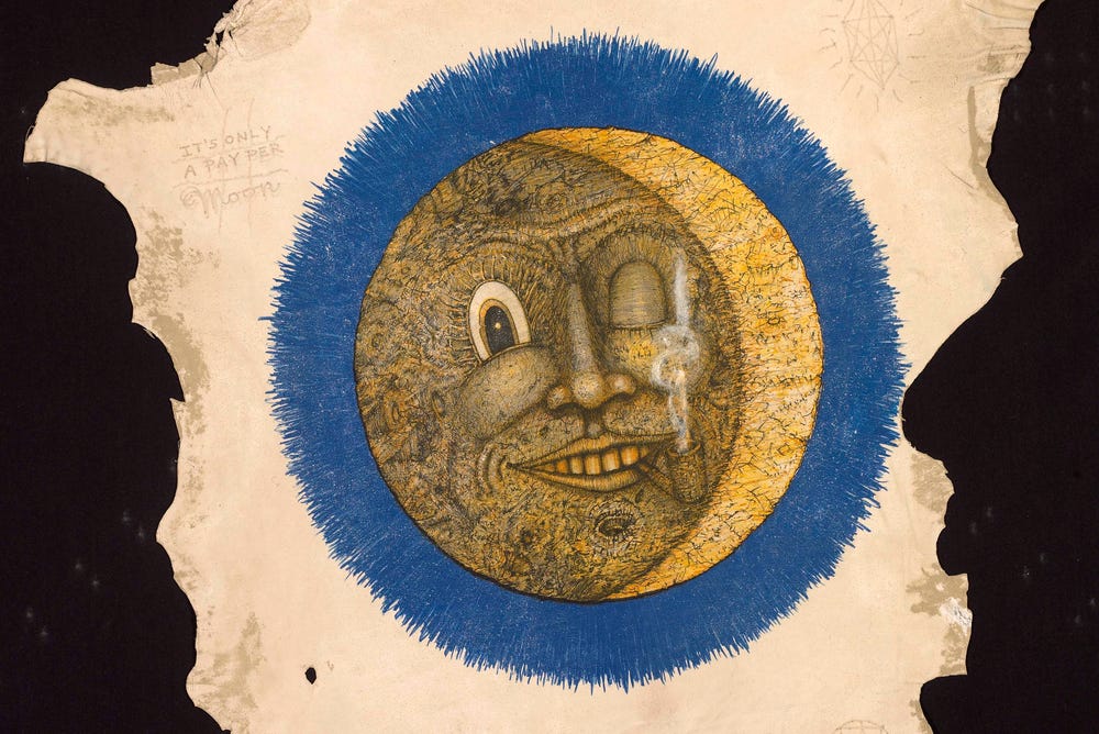 drawing of a winking moon on an irregular sheet of paper