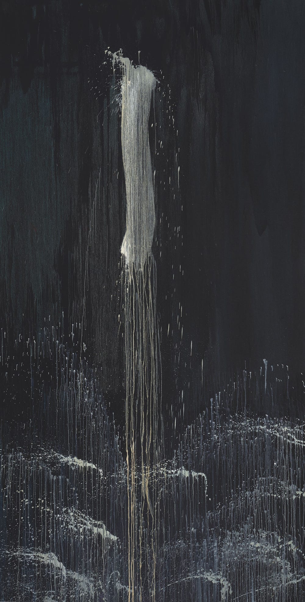 white paint on a black canvas giving the impression of a waterfall