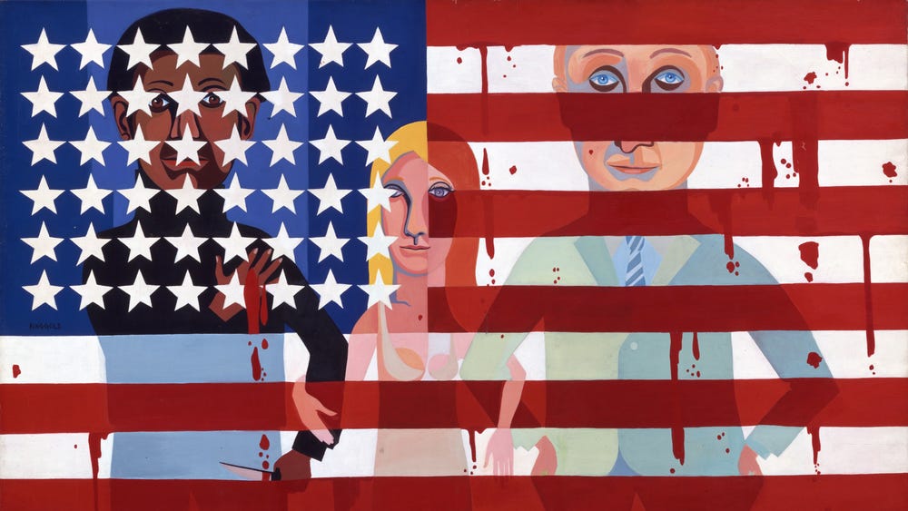 Faith Ringgold painting of three people in front of an American flag
