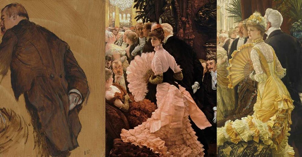 Three paintings next to each other, each with subject facing away from the viewer