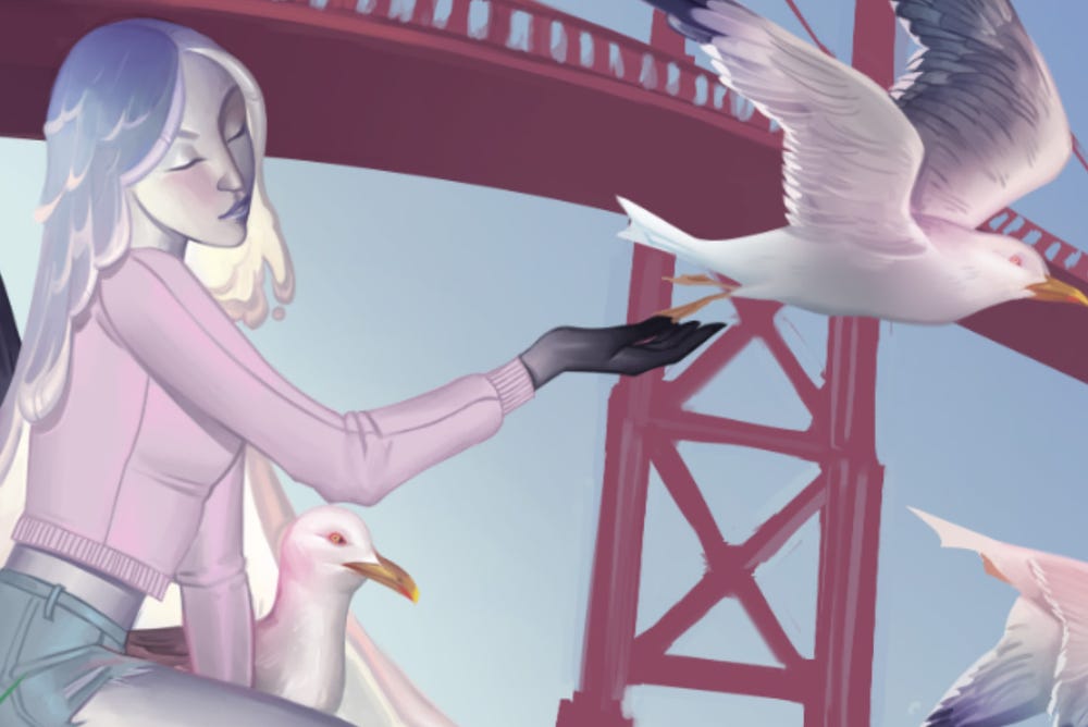 Animated image of a girl in front of the golden gate bridge with birds