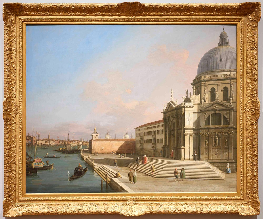 Painting of Venice showing Salute and Punta della Dogana and radiant sky with pink-tinted clouds