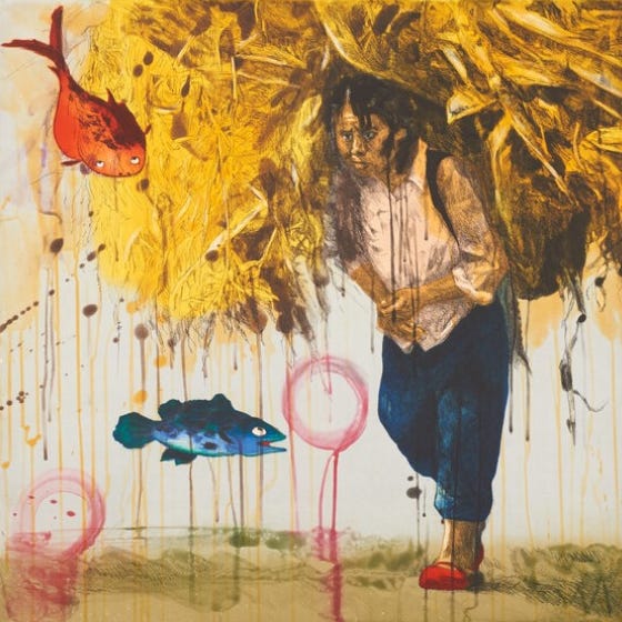 Painting by artist Hung Liu of a person carrying crops and floating fish