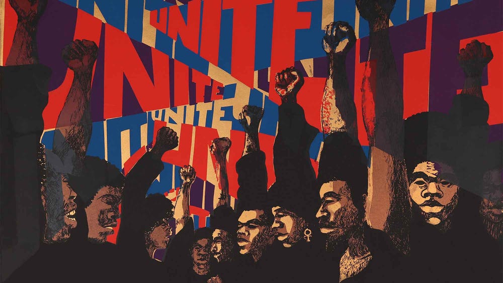 Painting of people with fists raised with the word "Unite" repeated behind them