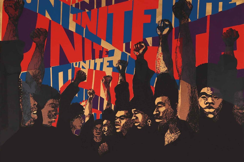 Painting of people with fists raised with the word "Unite" repeated behind them