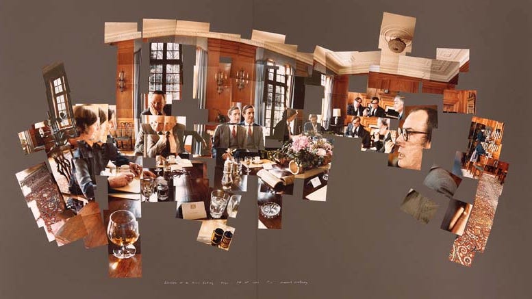 A collage piecing together a scene from a luncheon with guests, glassware, and a room with wood paneling
