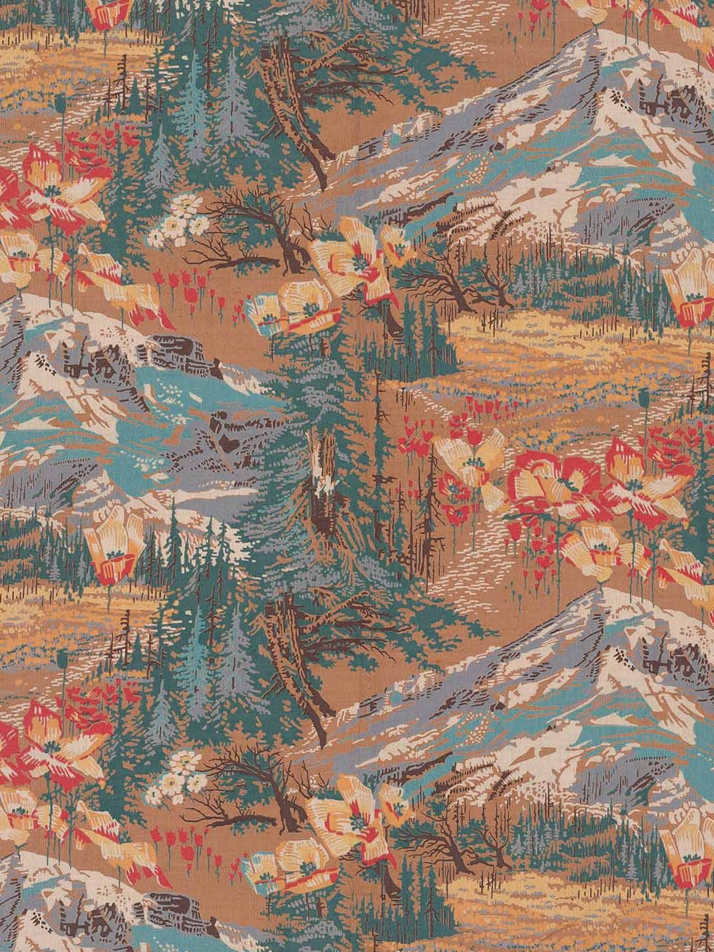Orange textile with red, blue, and green nature print